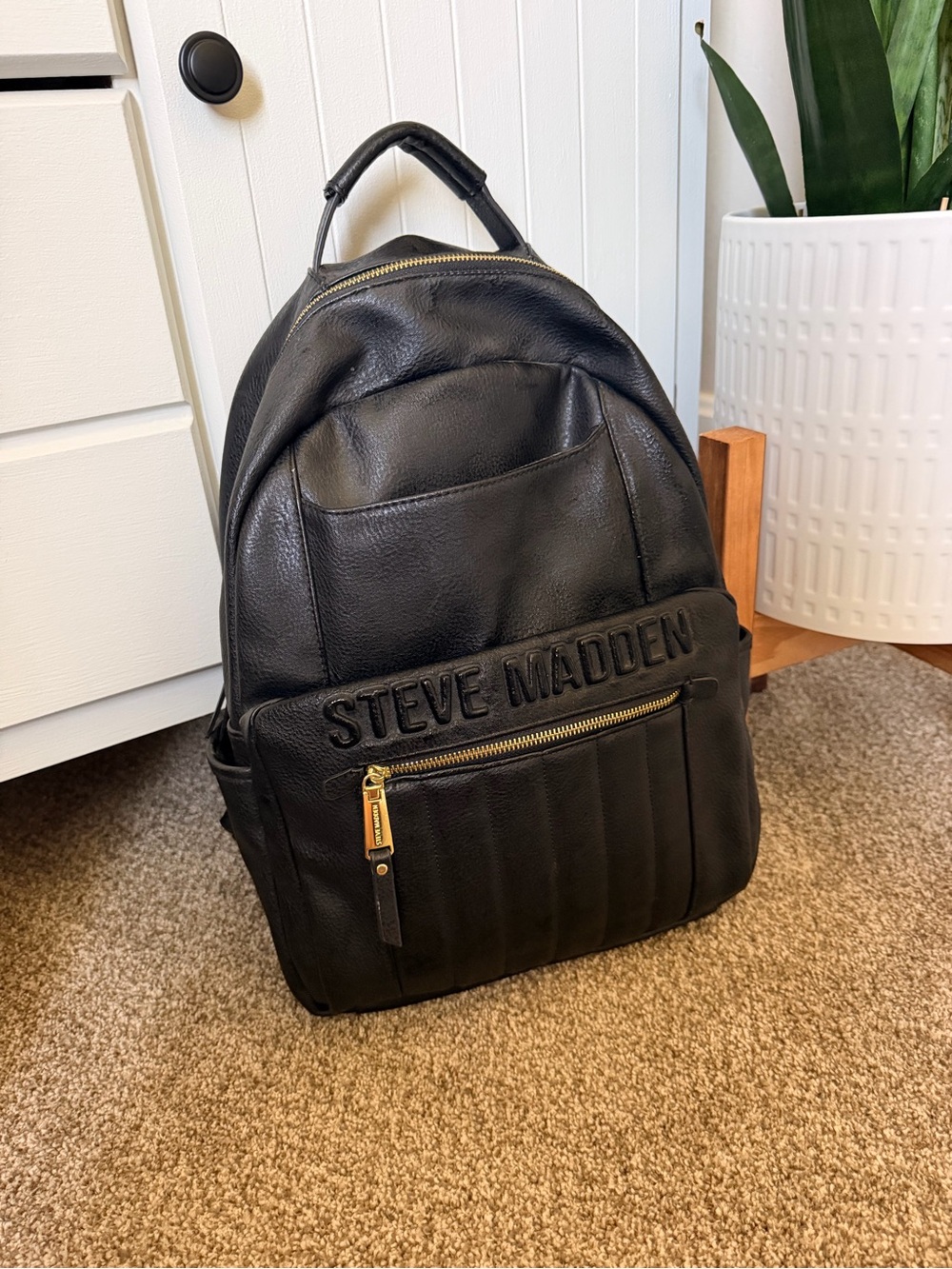 Steve Madden Black Faux Leather Logo Backpack with Gold Zipper